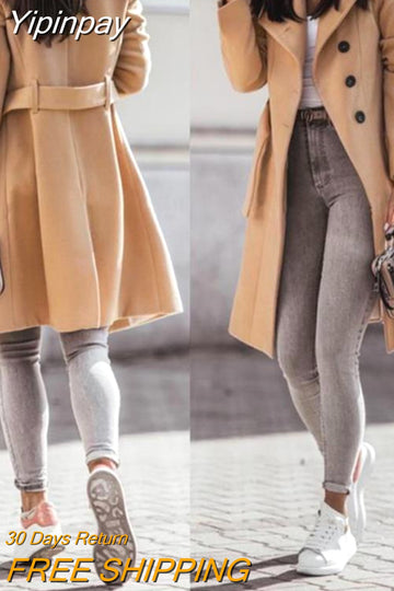 Yipinpay Button Front Longline Coat With Belt 2023 autumn winter new fashion Woman clothes outifits Winter coat for women